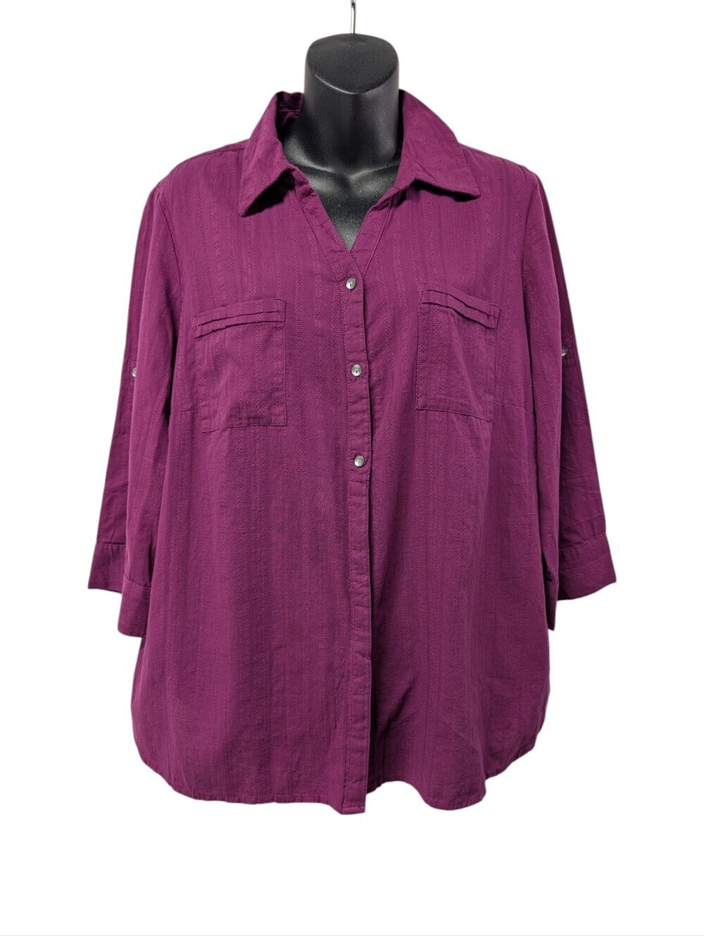 Croft & Barrow Magenta Purple Button Down Shirt Top L Roll Tab Sleeves NWT
